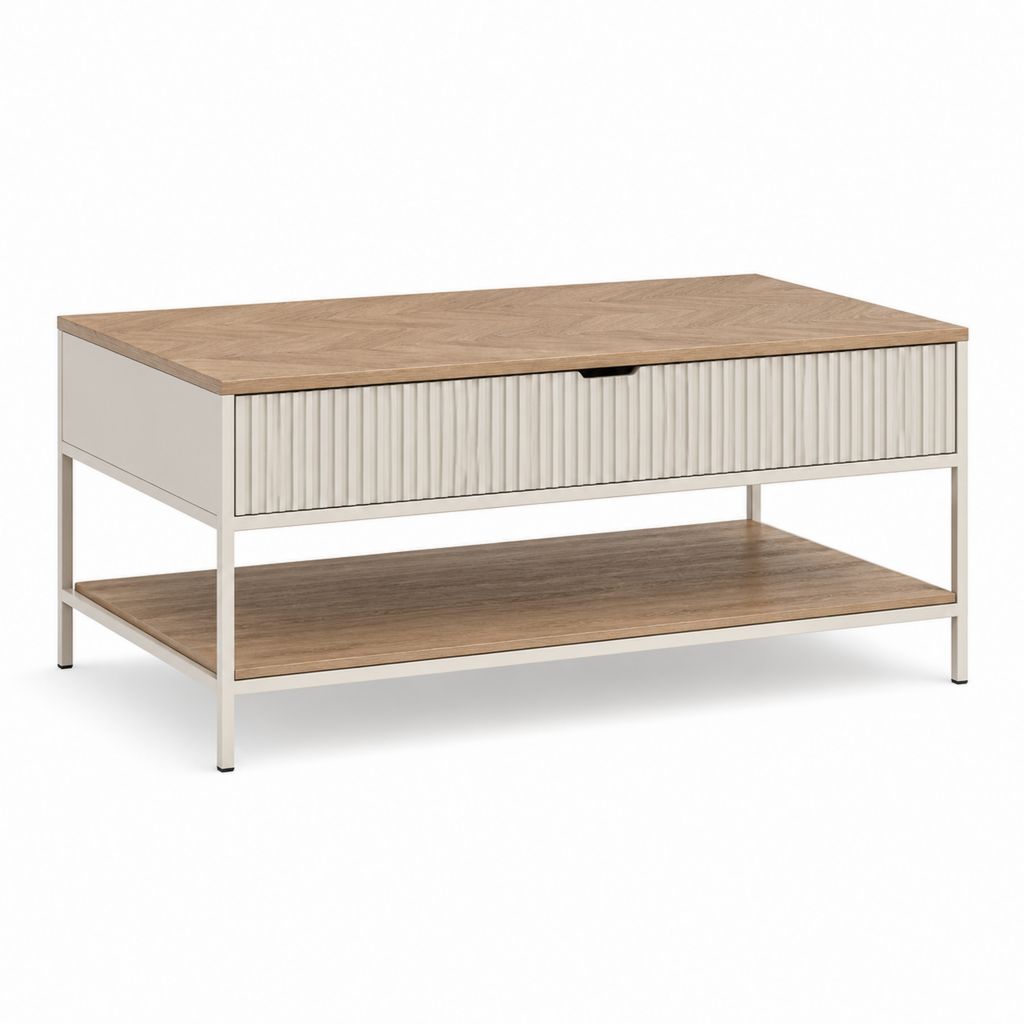 Couchtisch mit Schublade und Ablagefach Beige Eichenoptik MDF Stahl rechteckig 100 x 60 x 45 cm