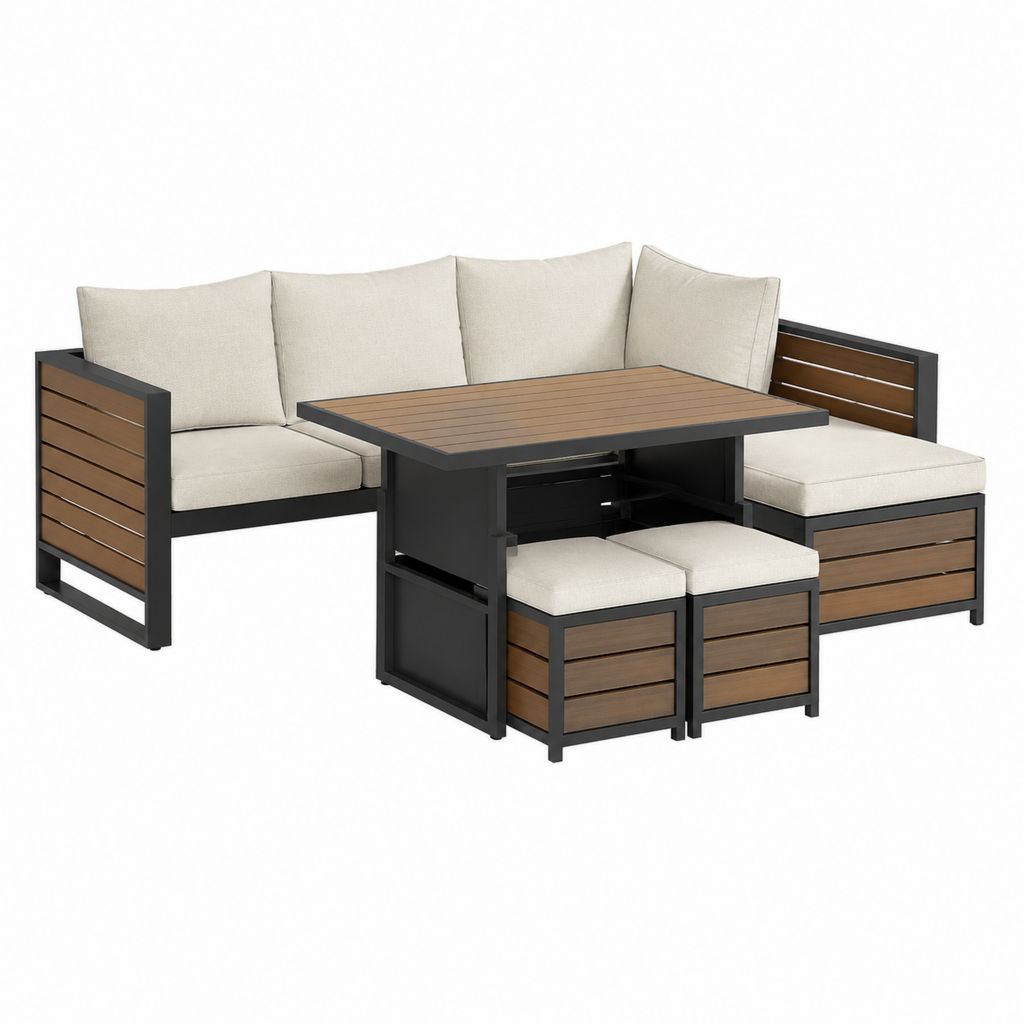 Gartenlounge Set 4-teilig Beige Aluminium WPC Ecksofa mit Esstisch 205 x 140 x 65 cm
