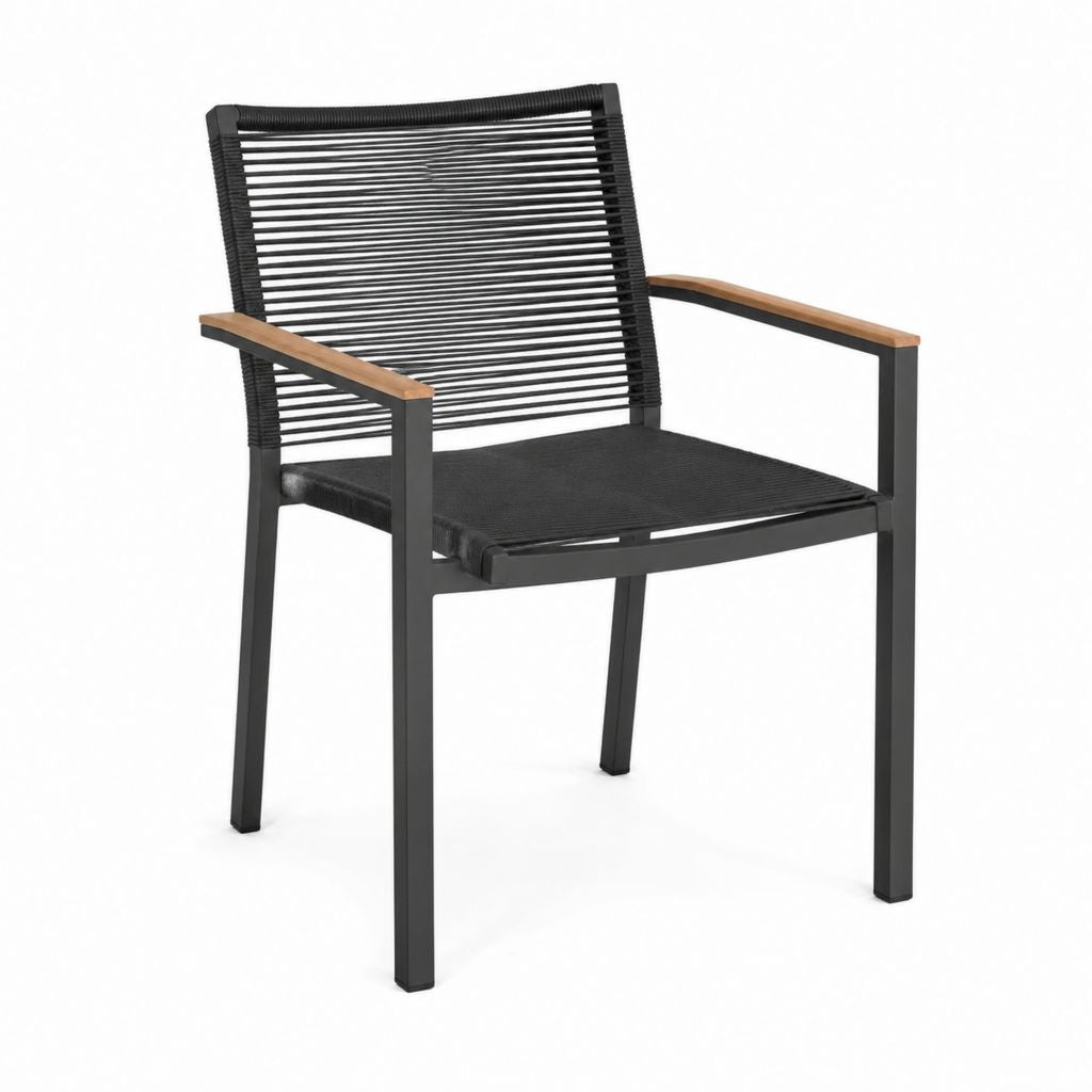 Gartenstuhl mit Armlehnen Schwarz PE-Seilgeflecht Stahl Akazienholz 56 x 60 x 86 cm