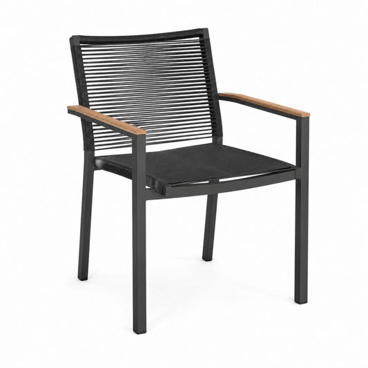 Gartenstuhl mit Armlehnen Schwarz PE-Seilgeflecht Stahl Akazienholz 56 x 60 x 86 cm