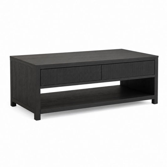 Couchtisch Schwarz aus MDF mit Eichenfurnier rechteckig 120 x 60 x 45 cm mit Schublade und Ablagefach