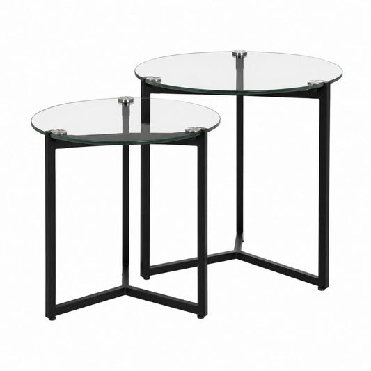 2er Set Couchtische Schwarz aus pulverbeschichtetem Stahl mit runden ESG-Glasplatten 60 x 60 x 55 cm und 45 x 45 x 50 cm