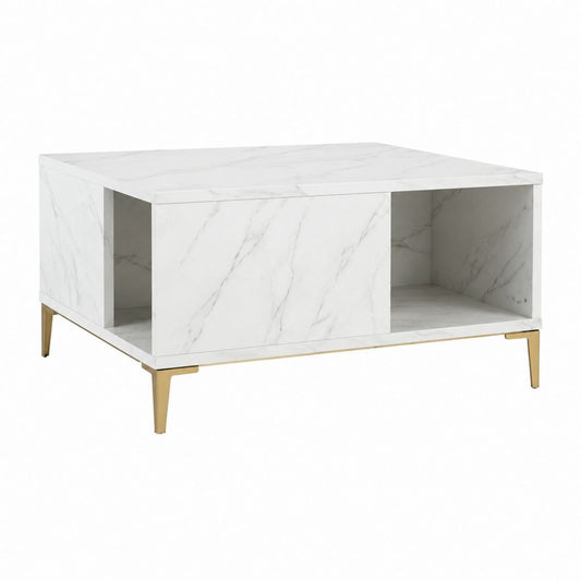 Couchtisch Weiß Marmoroptik MDF Rechteckig mit Schiebetür und Stauraum 100 x 60 x 45 cm