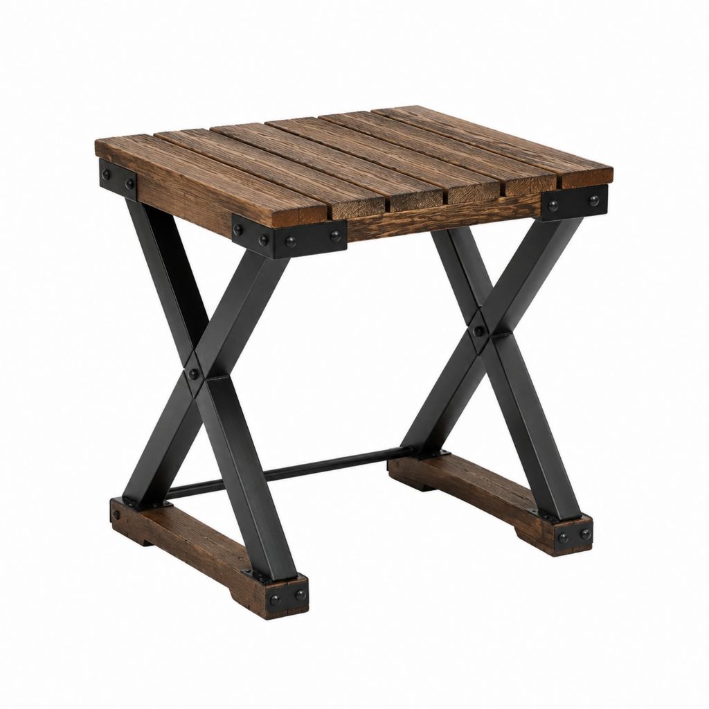 Gartenhocker aus massivem Akazienholz und Stahl in Braun Schwarz 45 x 35 x 45 cm