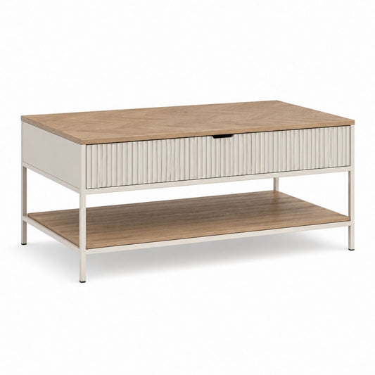Couchtisch mit Schublade und Ablagefach Beige Eichenoptik MDF Stahl rechteckig 100 x 60 x 45 cm