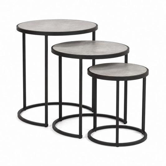Couchtisch Set 3-teilig Grau Schwarz mit MDF Tischplatten und Stahlgestell rund Ø 40 45 50 cm
