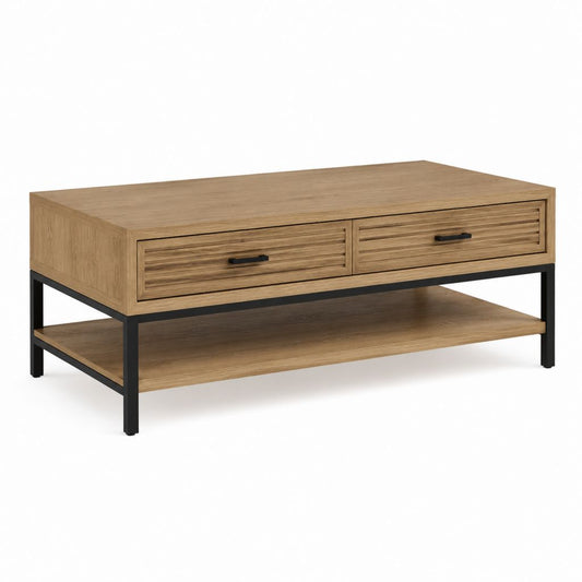 Couchtisch mit 2 Schubladen Eichenfurnier MDF schwarzer Stahl rechteckig 110 x 60 x 45 cm