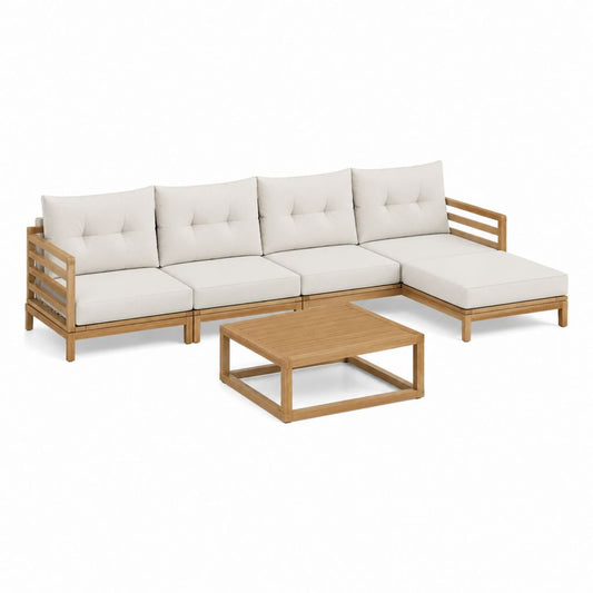 Garten-Lounge-Set Ecksofa mit Couchtisch Beige Akazien-Massivholz L-Form 260 x 195 x 65 cm