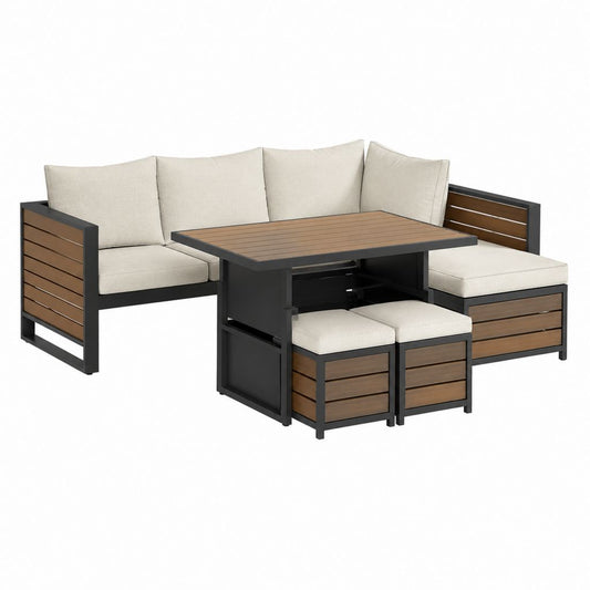 Gartenlounge Set 4-teilig Beige Aluminium WPC Ecksofa mit Esstisch 205 x 140 x 65 cm